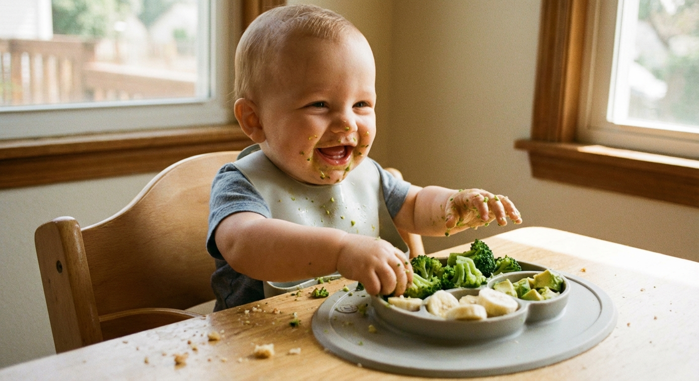 Baby sitting in a highchair happily holding a soft piece of steamed broccoli with colourful finger foods on the tray