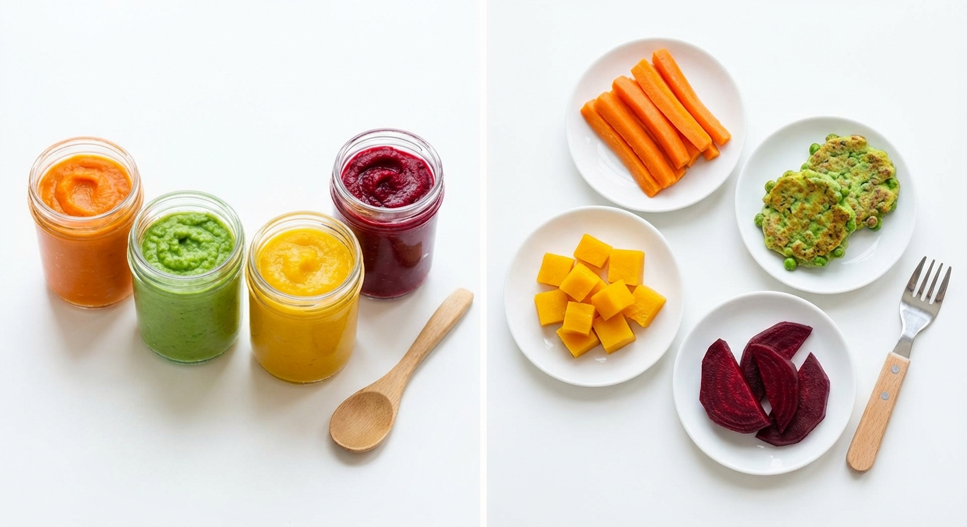 Parent gently spoon-feeding a six-month-old baby orange-coloured purée from a small bowl in a clean modern kitchen
