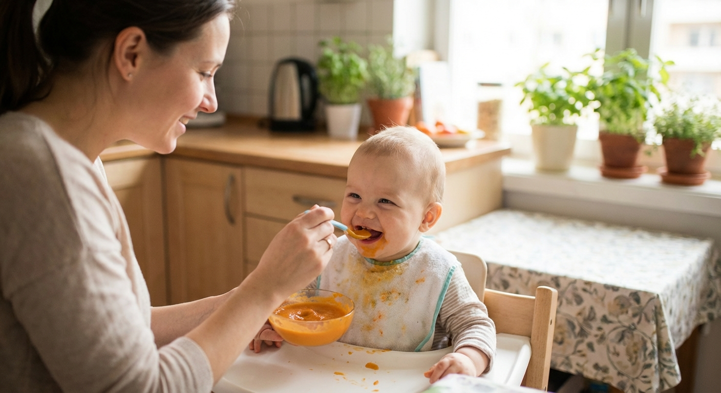 Happy baby around eight months old sitting at a family dinner table in a highchair, reaching for soft food pieces on a colourful plate
