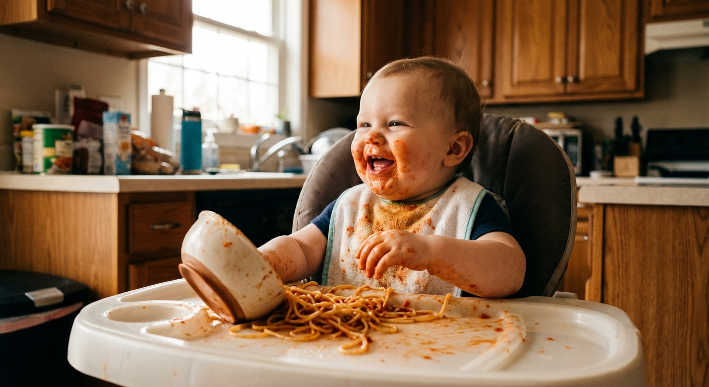 Colourful baby food in small glass jars — green, orange, and purple purées arranged neatly on a kitchen counter with a blender visible