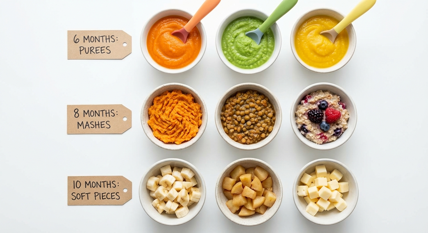 Baby sitting upright in a modern highchair with safety straps, eating soft food while a parent watches attentively nearby