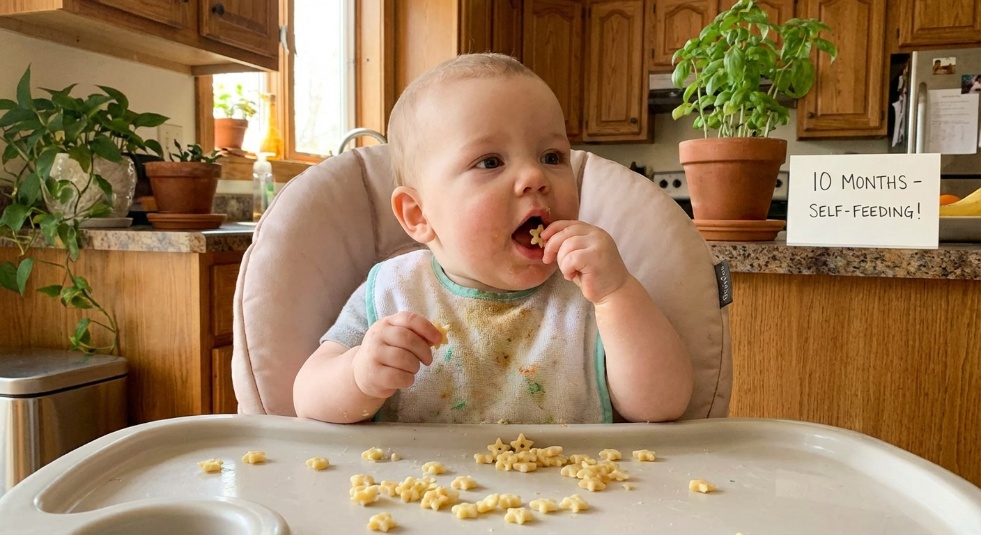 Baby enjoying finger foods independently at 10 months