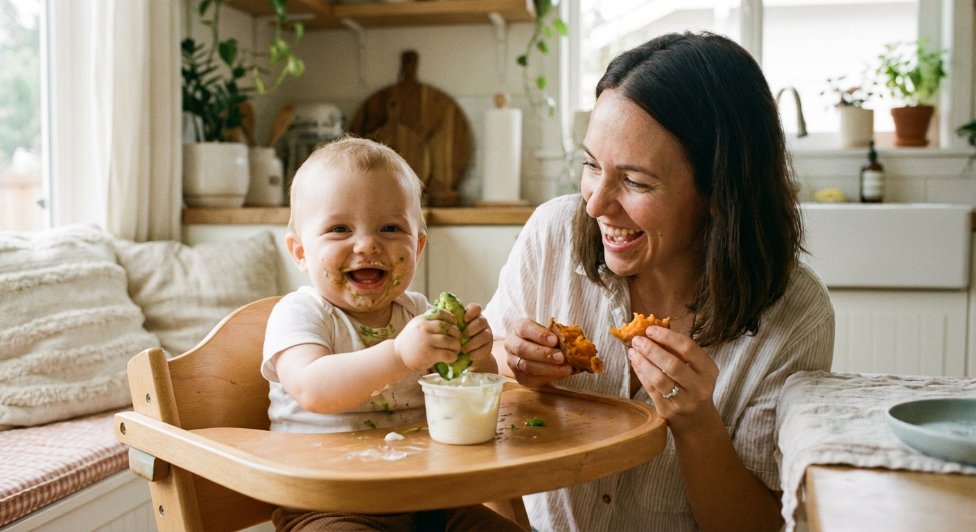 Parent and baby exploring textures together during mealtimes